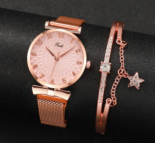 Women's Rose/Pink Quartz Watch with Bracelet Set