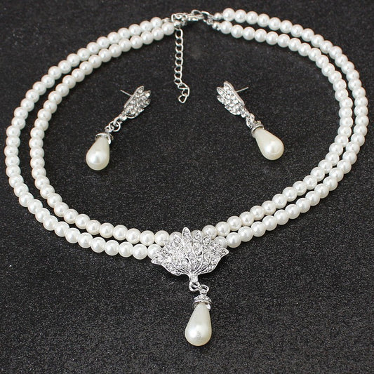 Jewelry Bride Pearl Crystal With Short Collarbone Neck Necklace Set Earrings