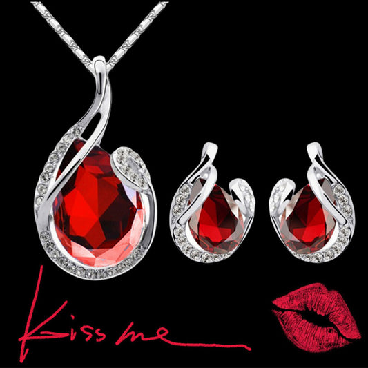 3pcs Rhinestone Necklace Set With Earrings Fashion Water-Drop-Shaped Jewelry For Women Valentine's Day
