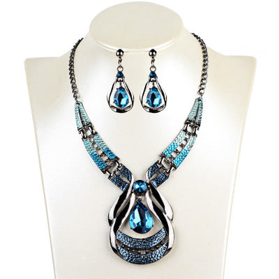 Exotic, Antique, Oil Blue, Blue Jewel Necklace, Water Drop Suit Earring Clavicle Chain