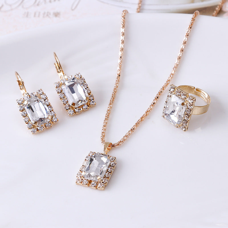 Crystal Bridal Necklace Earring Ring Three Piece Set