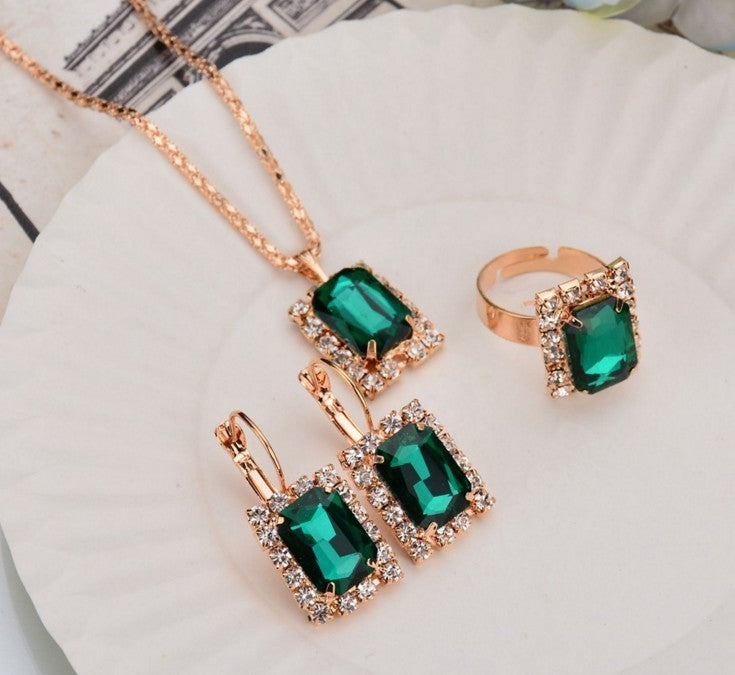 Crystal Bridal Necklace Earring Ring Three Piece Set