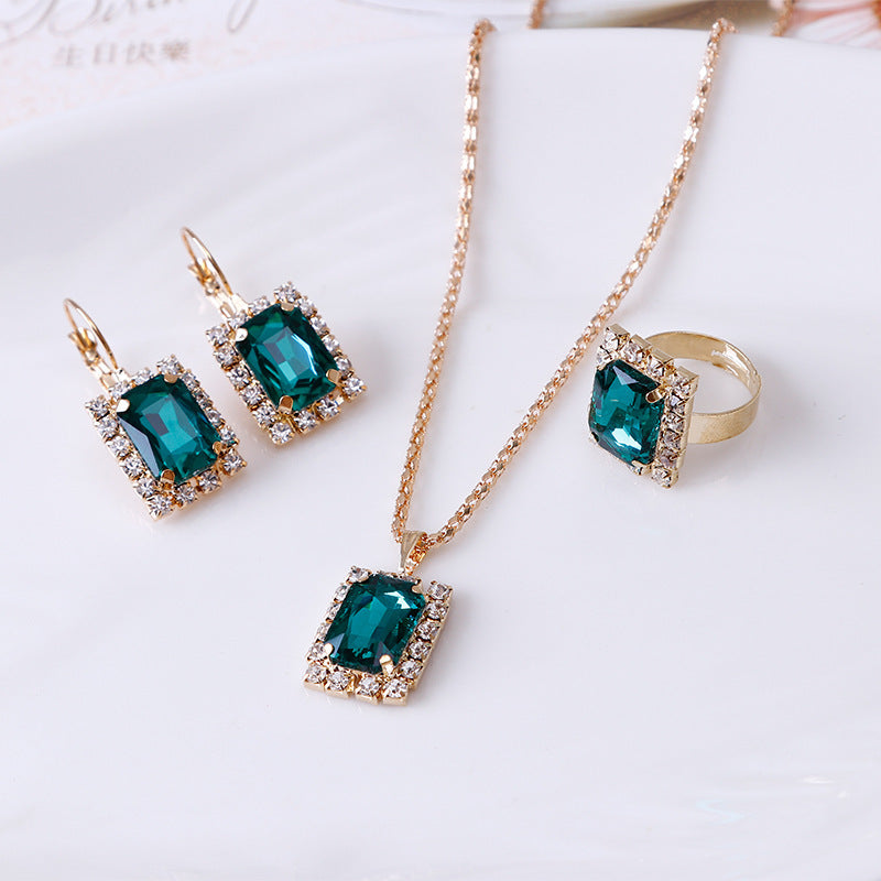 Crystal Bridal Necklace Earring Ring Three Piece Set
