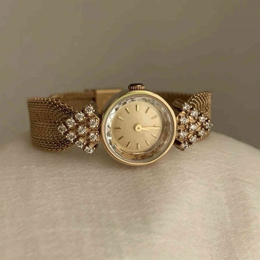 Womens Woven Strap Retro Court Style Gold, Round Small Watch