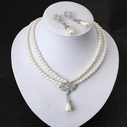 Jewelry Bride Pearl Crystal With Short Collarbone Neck Necklace Set Earrings