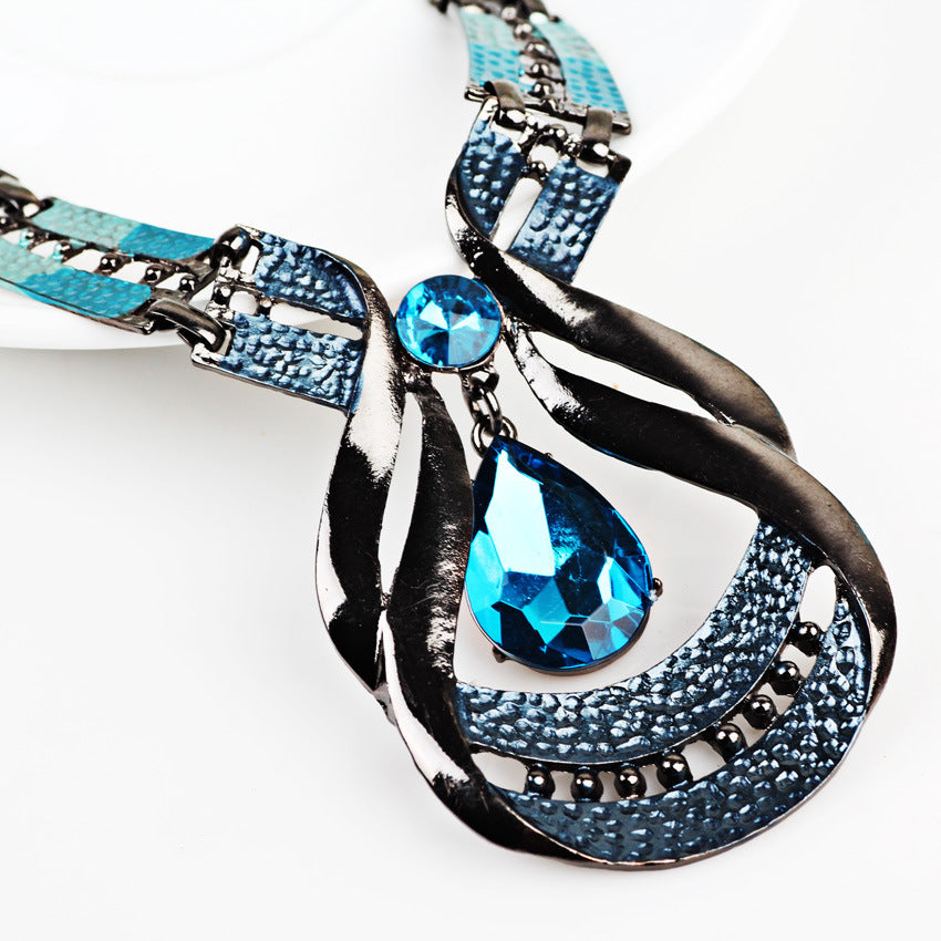 Exotic, Antique, Oil Blue, Blue Jewel Necklace, Water Drop Suit Earring Clavicle Chain