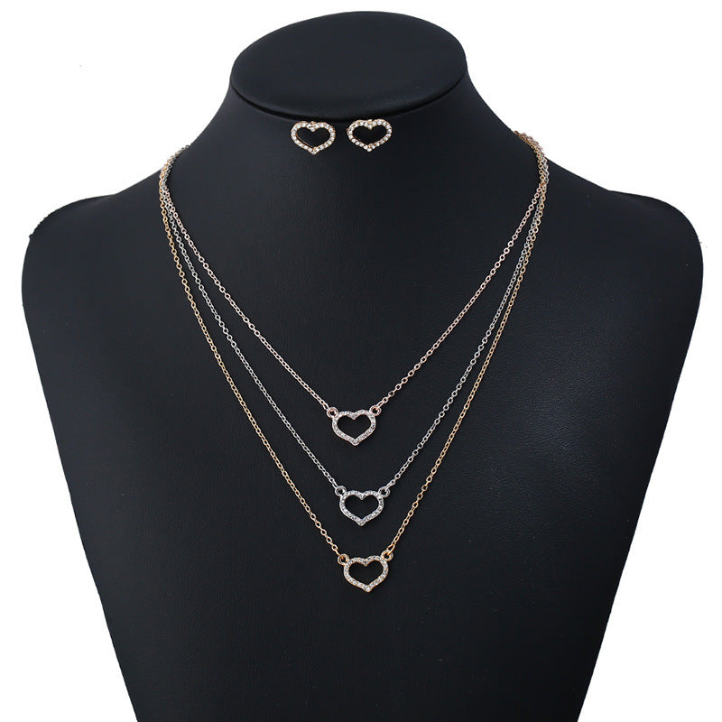 Europe Earrings Necklace Set Love Diamond Pendant Necklace Fashion