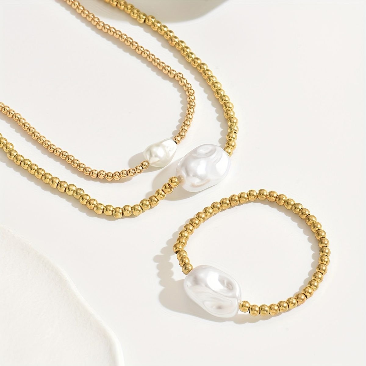 Lxalry Gold Electroplated Layered Jewelry Set, Handmade Necklace & Bracelet Duo, Lightweight Stackable Gift For Everyday Elegance & Evening Glamour