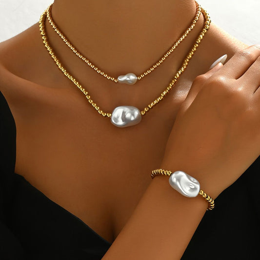 Lxalry Gold Electroplated Layered Jewelry Set, Handmade Necklace & Bracelet Duo, Lightweight Stackable Gift For Everyday Elegance & Evening Glamour