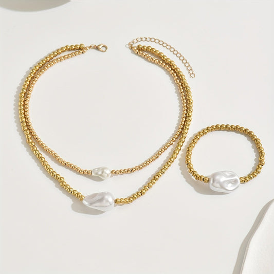 Lxalry Gold Electroplated Layered Jewelry Set, Handmade Necklace & Bracelet Duo, Lightweight Stackable Gift For Everyday Elegance & Evening Glamour